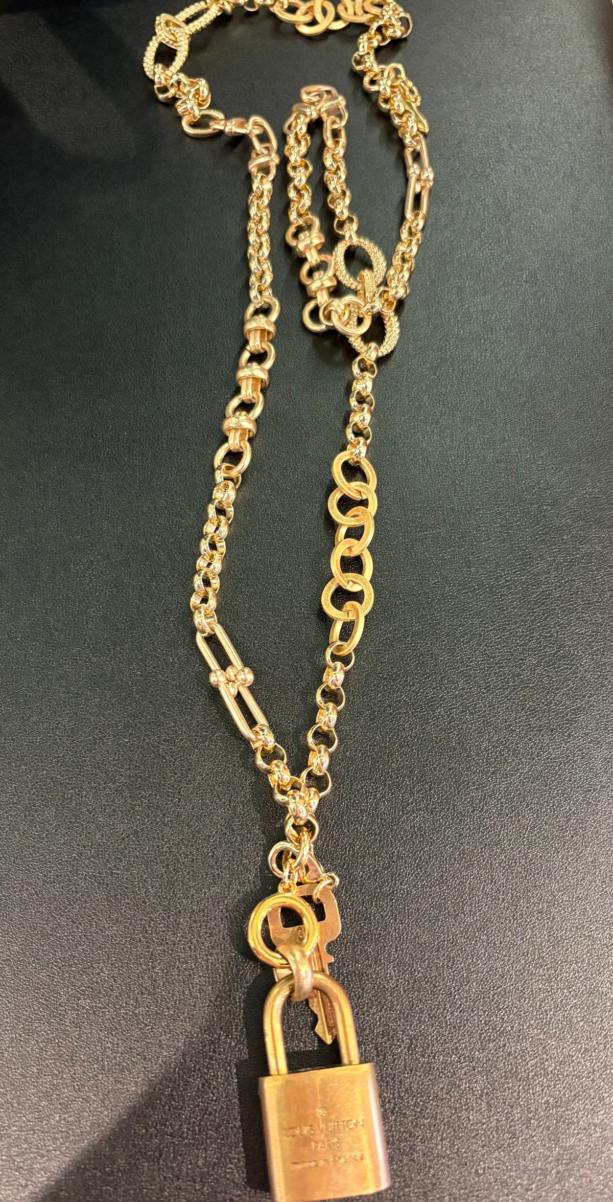 PHILLIP ALLEN HEFNER Mosaic Toggle LV Lock Matte and Polished Gold Necklace