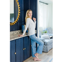 Load image into Gallery viewer, RAGLAN LONG SLEEVE CREW IN WHITE PIMA COTTON SLUB & NAVY STITCH