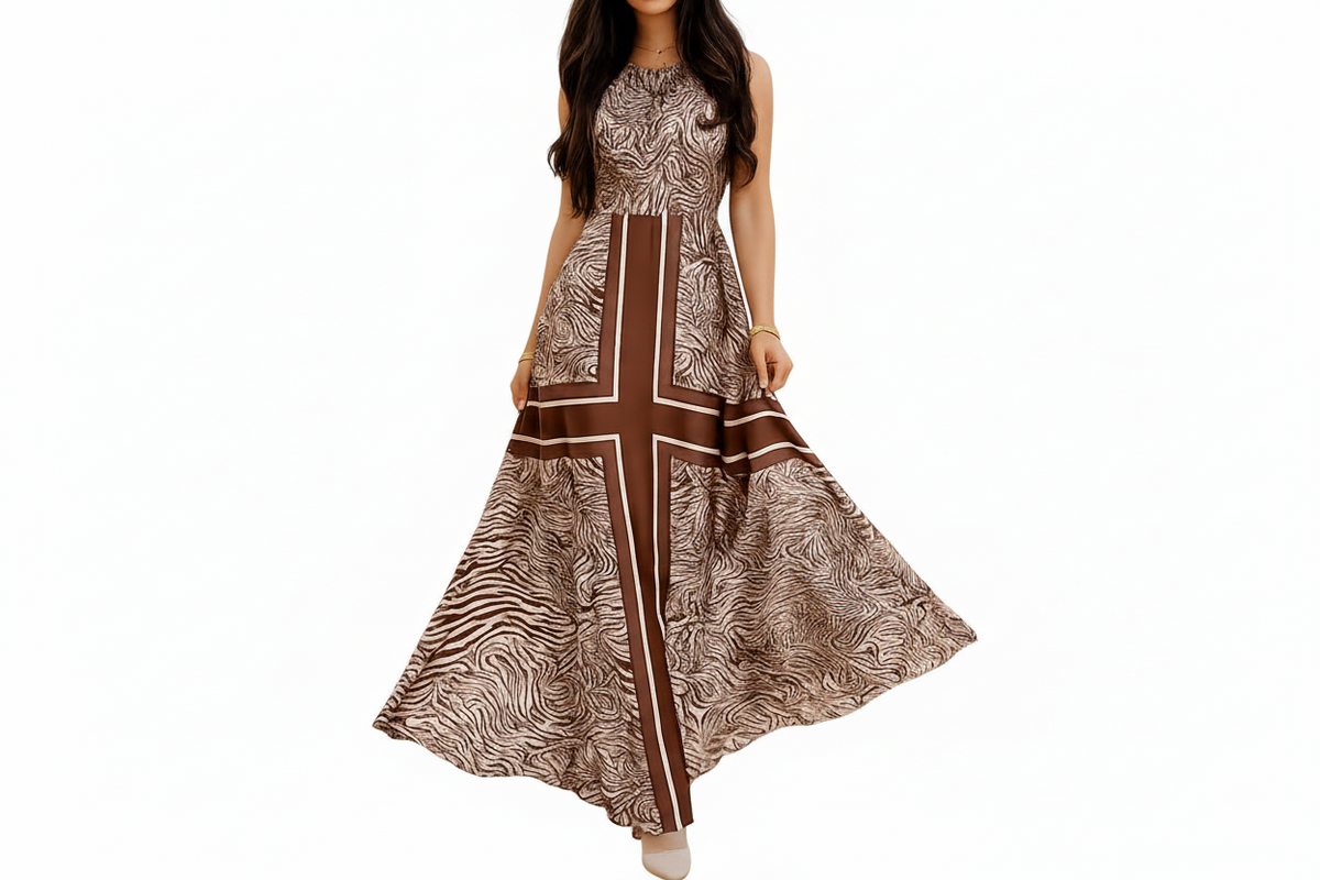 Satin border print halter maxi dress
