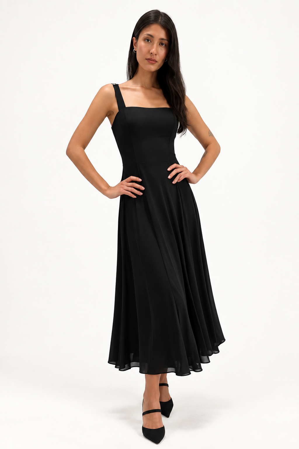 Maxima Tea Length Fit N Flare Paneled Dress Black