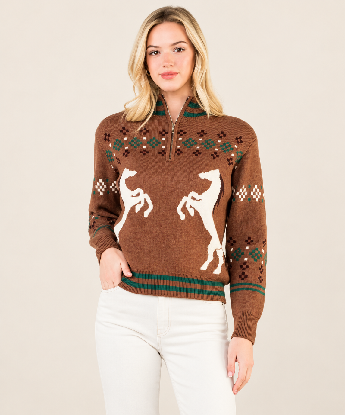 Horse Knit Half Up Zipper Sweater
