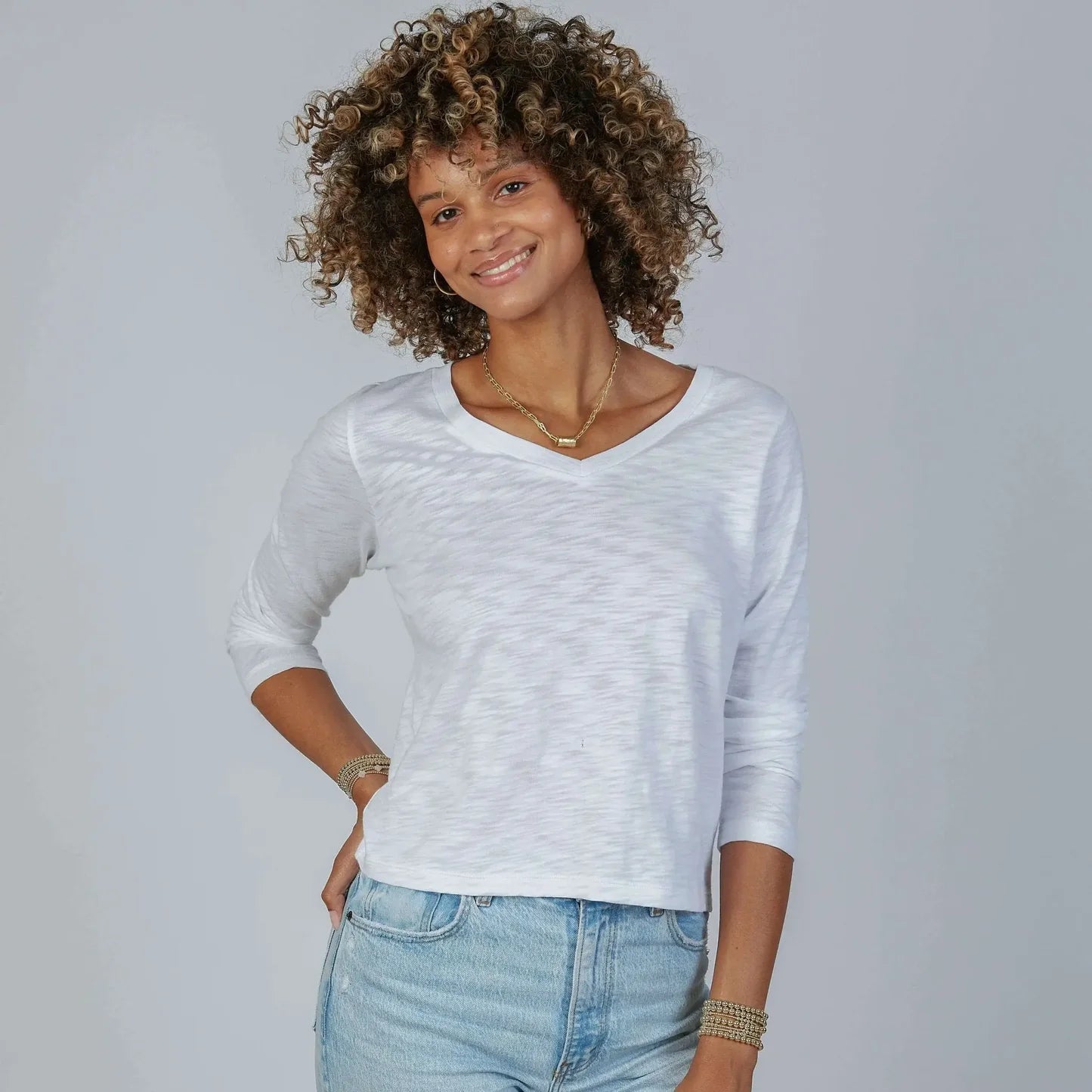 Long Sleeve V Neck Boxy Top