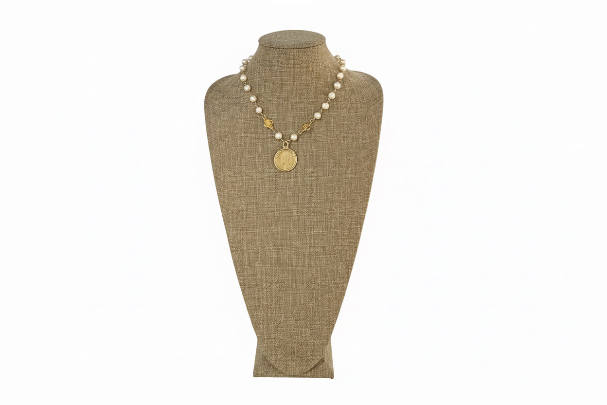 Pearl Strand and 50 Francs Coin Necklace