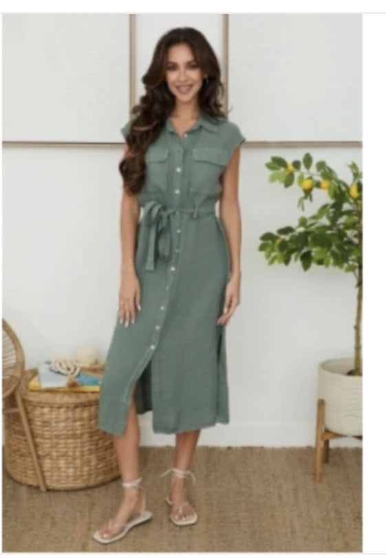 Sleeveless Linen Dress With Tie