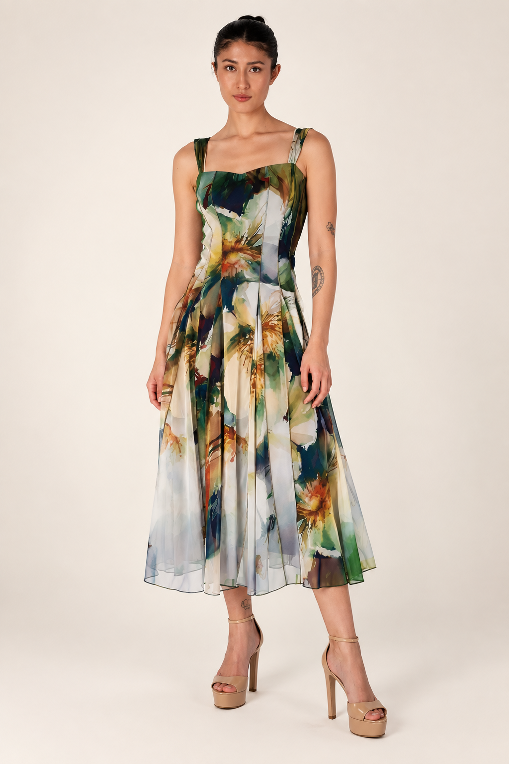 Sleeveless Tea Length Fit N Flare Paneled Dress