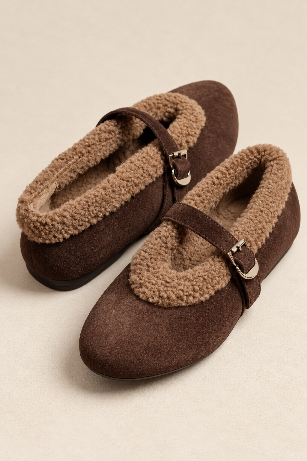 Caster Chocolate – Suede Flats with Faux Fur