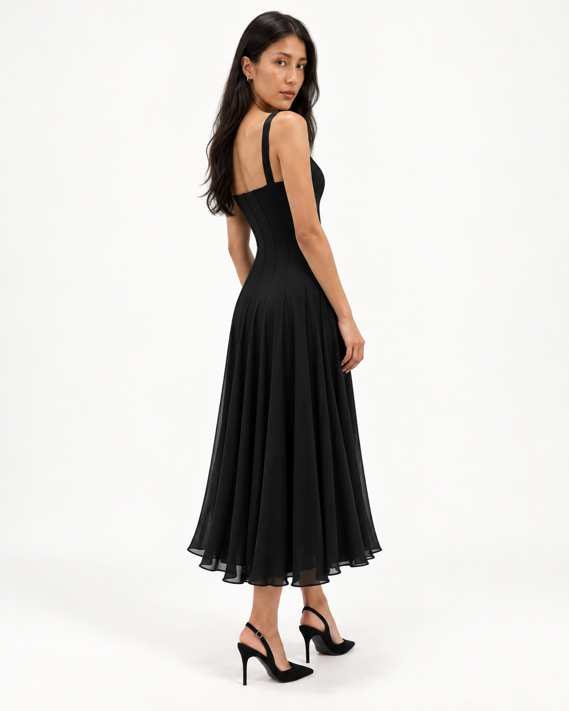 Maxima Tea Length Fit N Flare Paneled Dress Black