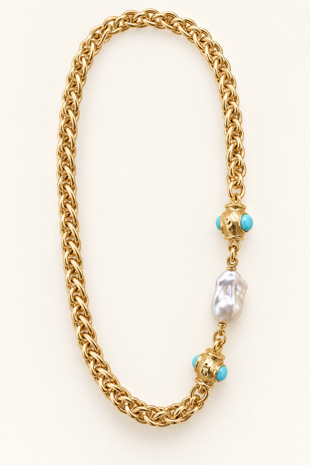 Gold Statement Necklace with Turquoise & Baroque Pearl Accents