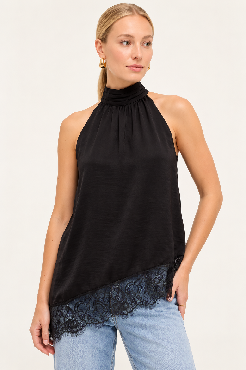 Asymmetrical Mock Neck with Lace Trim