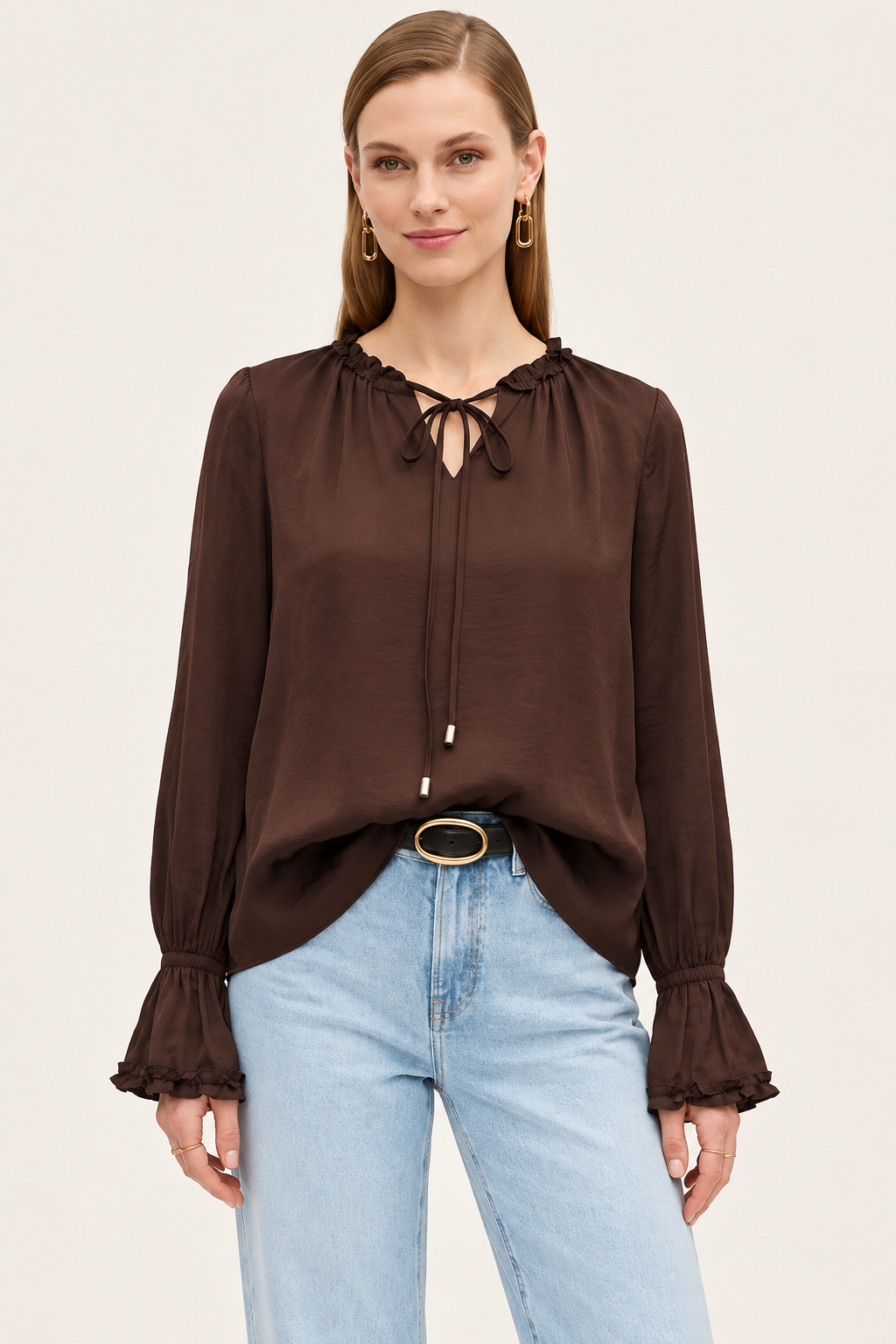 Ruffle Cuff Tie Neck Blouse